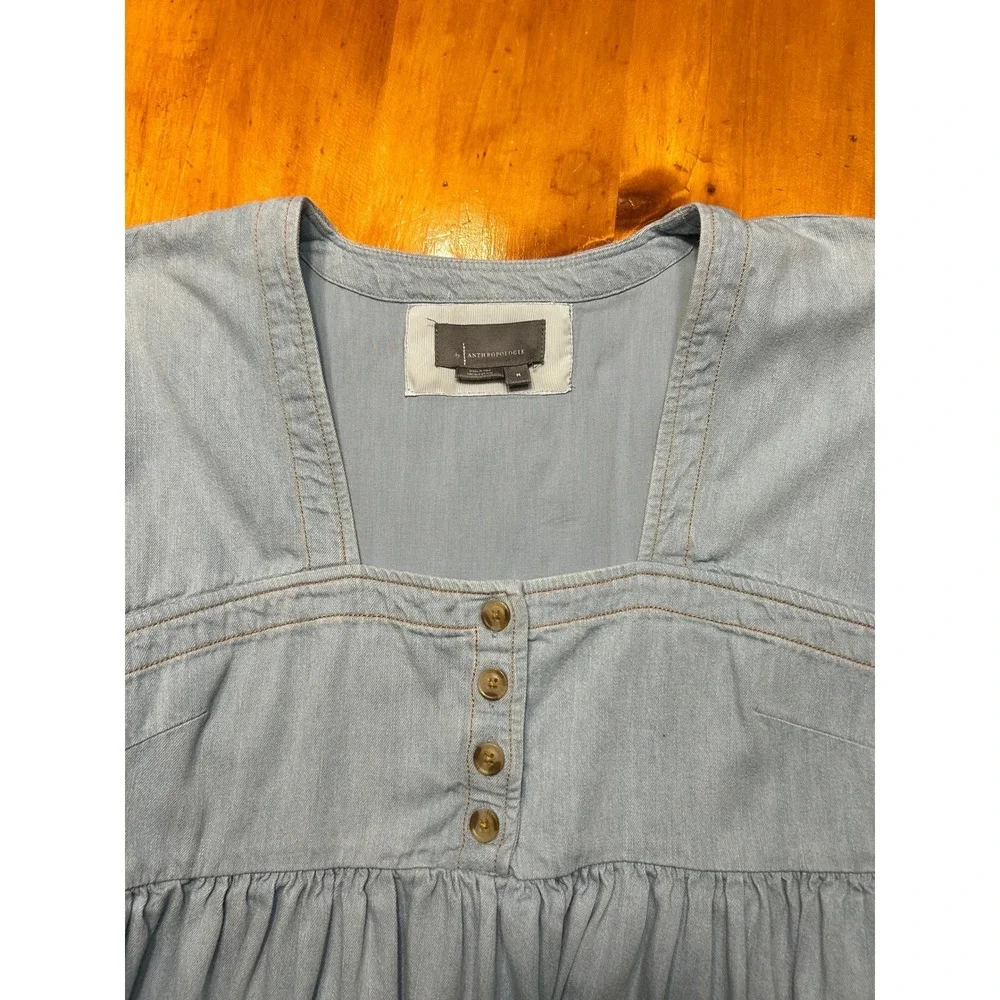 Anthropologie Cottagecore Babydoll‎ Light Wash Denim Mini Dress Puff Sleeve Boho - Picture 9 of 12